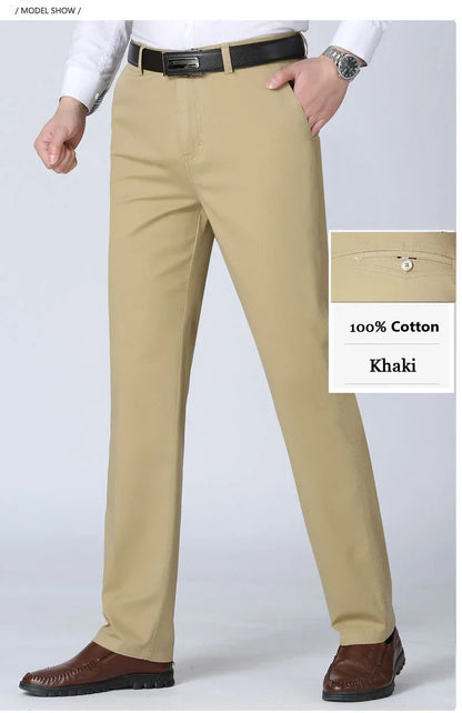 100% Cotton Spring Summer Middle-aged Cargo Trousers Men's Straight Slacks High Waists Thin Thick Breathable Male Suit Pants