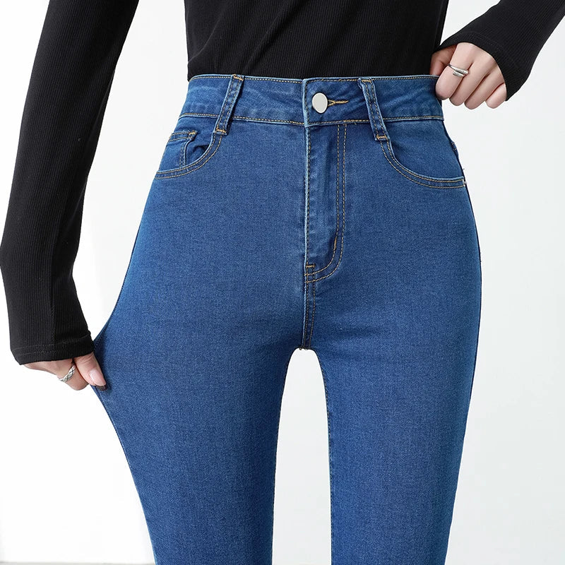 Women Light Blue Slim Skinny Denim Jeans High Waist Elastic Mom Jeans Stretch Pencil Pants Streetwear Tight Trousers