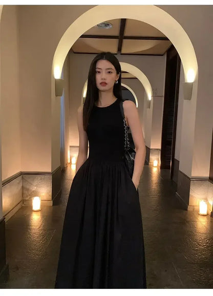 New Vintage Black Tank Top Midi Dress Wedding Dresses for Women Clothing O Neck Office Lady Casual Pockets Women's Clothing