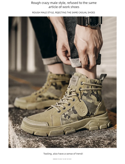 Men's canvas boots autumn winter new plus velvet high-top warm casual boots outdoor boots camouflage tooling boots desert boots