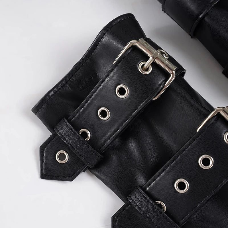 Retro Punk Pu Leather Vest With Sleeve Cover Women Gothic Black Sleeveless Turtleneck Top Y2k Metal Decorative Clothing