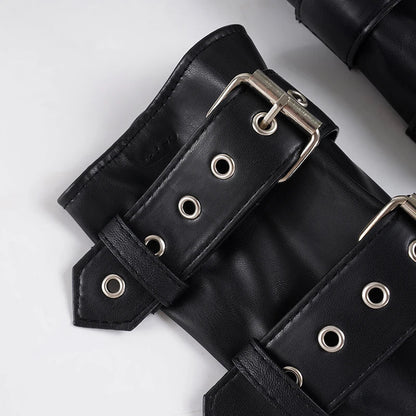Retro Punk Pu Leather Vest With Sleeve Cover Women Gothic Black Sleeveless Turtleneck Top Y2k Metal Decorative Clothing