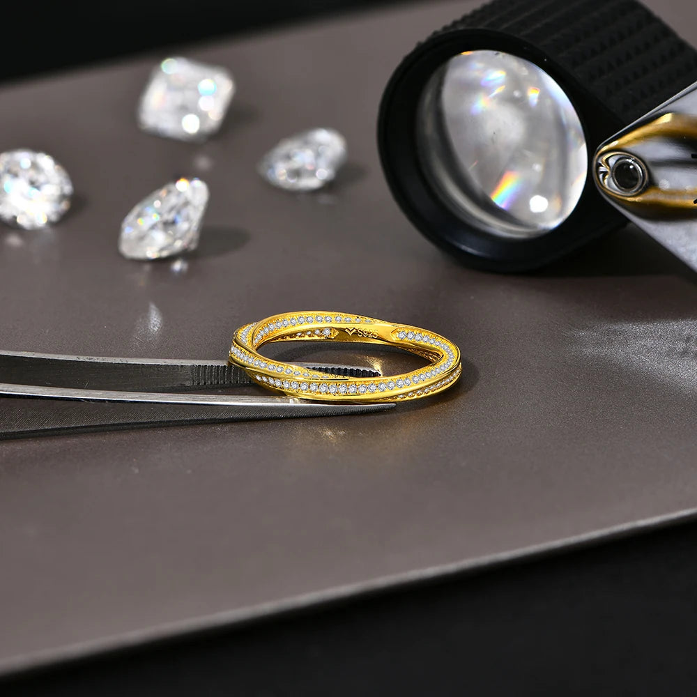 S925 Silver 18K Gold Plated Moissanite Rings D Color VVS1 Lab Diamond Helix Eternity Band Wedding Jewelry for Women Man