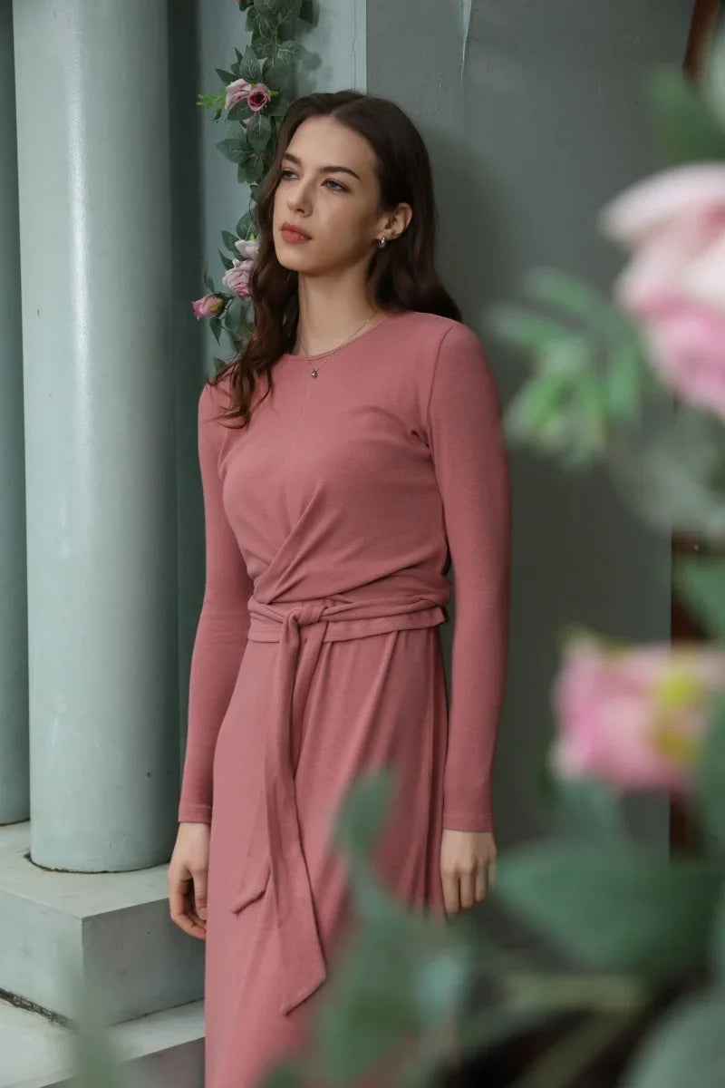 summer ribbing closed-fit wrap tops + Aline dress high Stretch matching sets