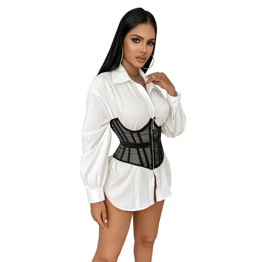 Ladies Transparent Mesh Corset Waist Training Bustier With Zipper Sexy Shaper Night Club Sweet Cropped Top