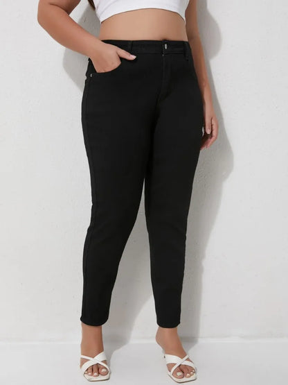 Plus Size Black Jeans Mid rise Ankle length Denim Trousers