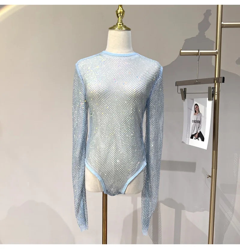 Women's Shiny Rhinestone Fishnet See-Through Bodysuit Mesh Fashion Sexy Bodysuit