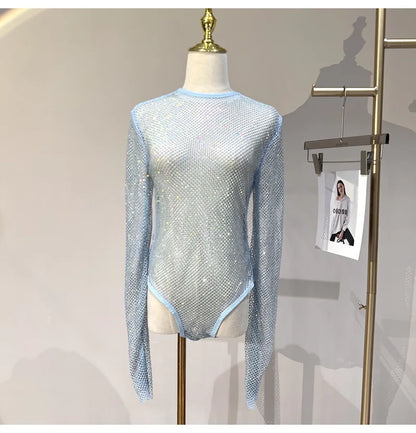 Women's Shiny Rhinestone Fishnet See-Through Bodysuit Mesh Fashion Sexy Bodysuit