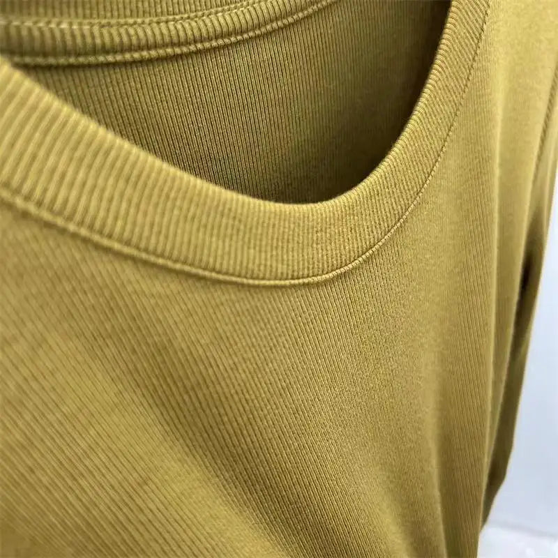 Outono Escritório Senhora Básica Gola Redonda Slim T-Shirt Feminina Cor Sólida Multicor Tendência Versátil Casual Top Manga Longa Elástico Canelado