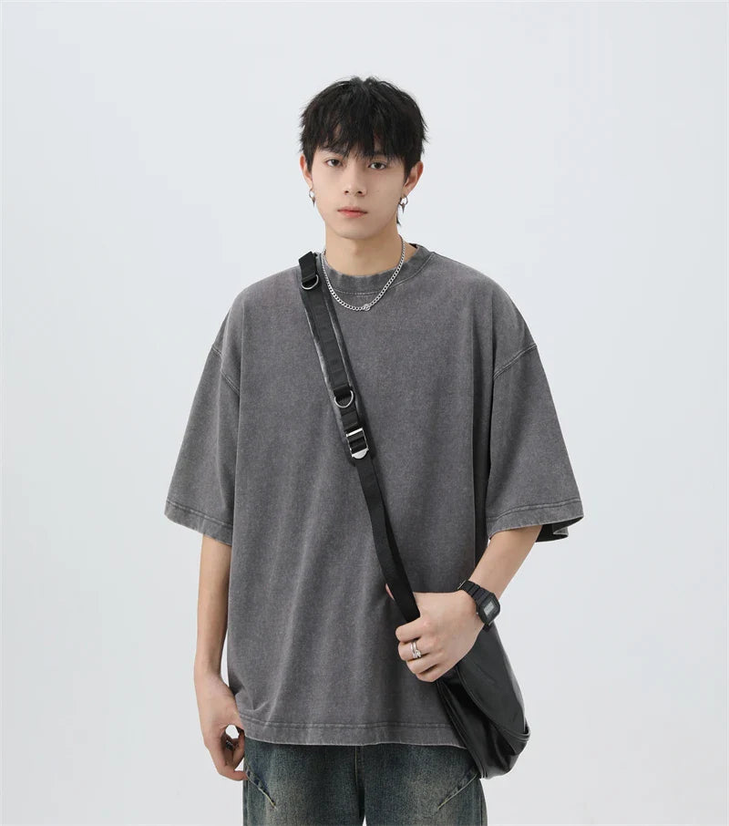 Japanese Korean Style Stir Fried Snowflake Washed T-Shirts Men Women Cotton Heavyweight Summer Hip Hop Streetwears Short Sleeved