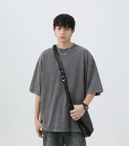 Japanese Korean Style Stir Fried Snowflake Washed T-Shirts Men Women Cotton Heavyweight Summer Hip Hop Streetwears Short Sleeved