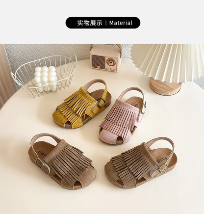 2025 Summer New Girls' Sandals Korean Style Tassel Princess Shoes Frosted Leather Hollow Sandals Comfortable 23-31