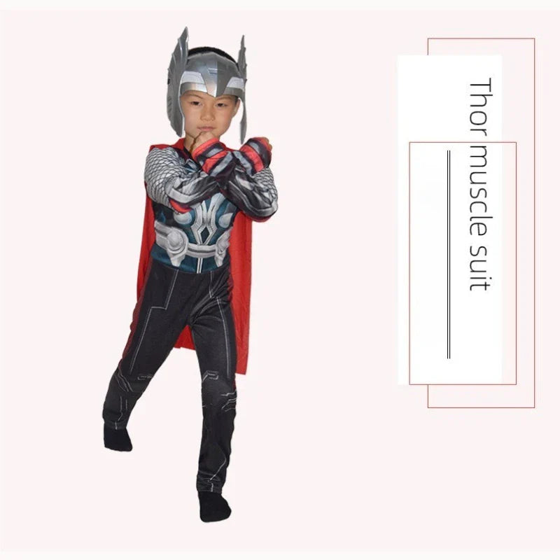 Halloween Carnival Clothes for Children Kids Thor Muscle Costume Superhero Thor Cosplay Muscle Costume Jumpsuit Mask Performance