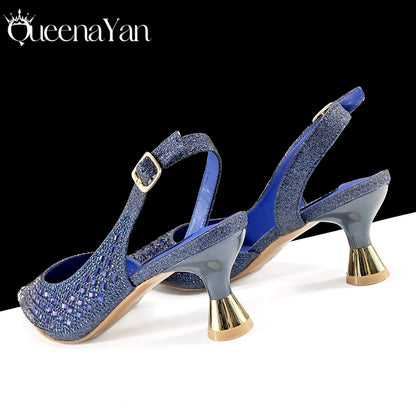 Italian Design Rhinestone Luxury Navy Blue Pointed Toe Shoe & Bag Set Women High Heels for Parties High Quality