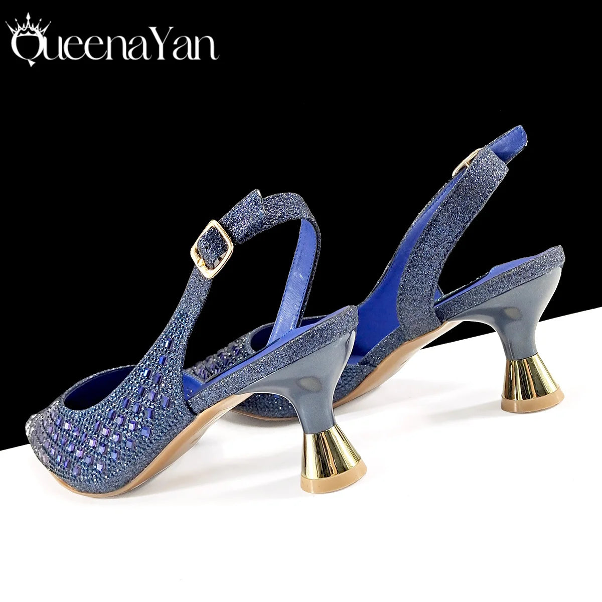 Italian Design Rhinestone Luxury Navy Blue Pointed Toe Shoe & Bag Set Women High Heels for Parties High Quality