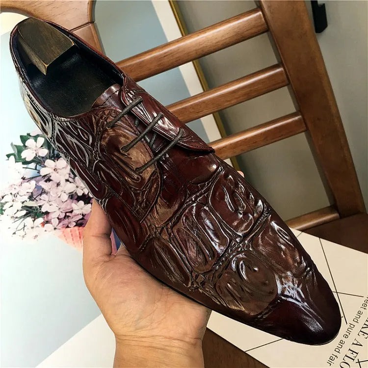 Business Men Crocodile Pattern Cowhide Genuine Leather Dress Shoes Lace Up Pointed Toe Derby Shoes Spring Wedding Formal Shoes