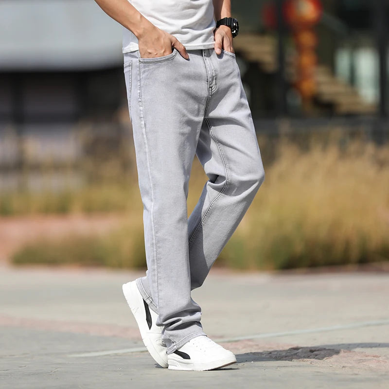2026 Summer Brand New Men's Straight Loose Thin Jeans Simple Casual Clothing Lightweight Cotton Stretch Light Grey Jeans