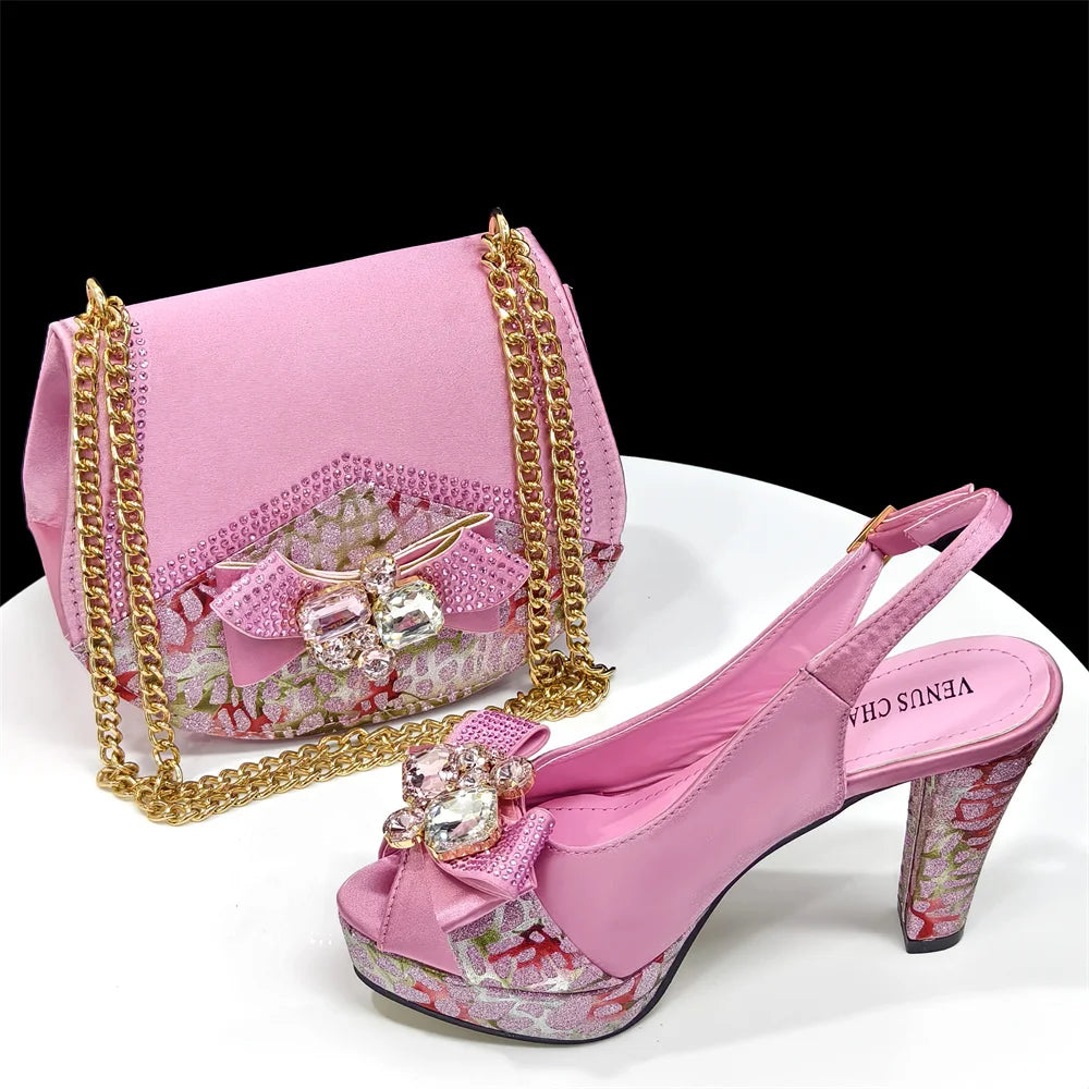 Rhinestone Design INS Hot Sale New Arrivals African Shoes and Bag Set in Blue Color Open Toe Comfortable Women Heels
