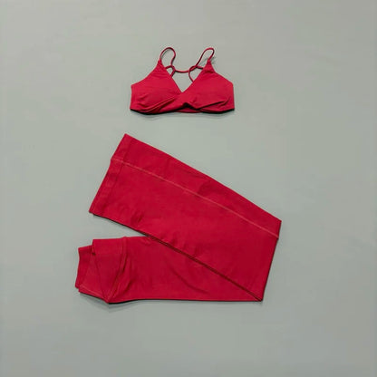 2Pcs Sports Set Women Seamless Front Tie Crossover Bra Crossover Waist Flare Leggings Sets Gym Fitness Workout Sports Sets