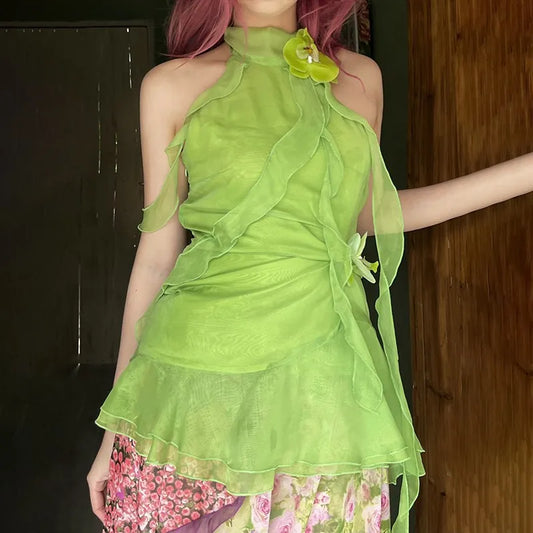 Japanese Y2k Halter Tops Cottagecore Aesthetics Chiffon Tank Top Vintage Harajuku Green Ruffled Sleeveless Tops 2000s