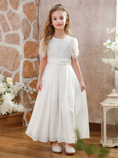 Girls White Lace Short Sleeve Crew Neck Formal Dress Heart Cutout Back Chiffon Maxi Gown Flower Girl Dress for Wedding