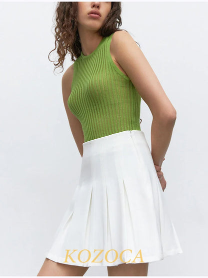 100% Wool Chic Solid Tanks Elegant Striped See Through Hollow Out Women Tops Sleeveless Elastic Tops Club Party Clothes