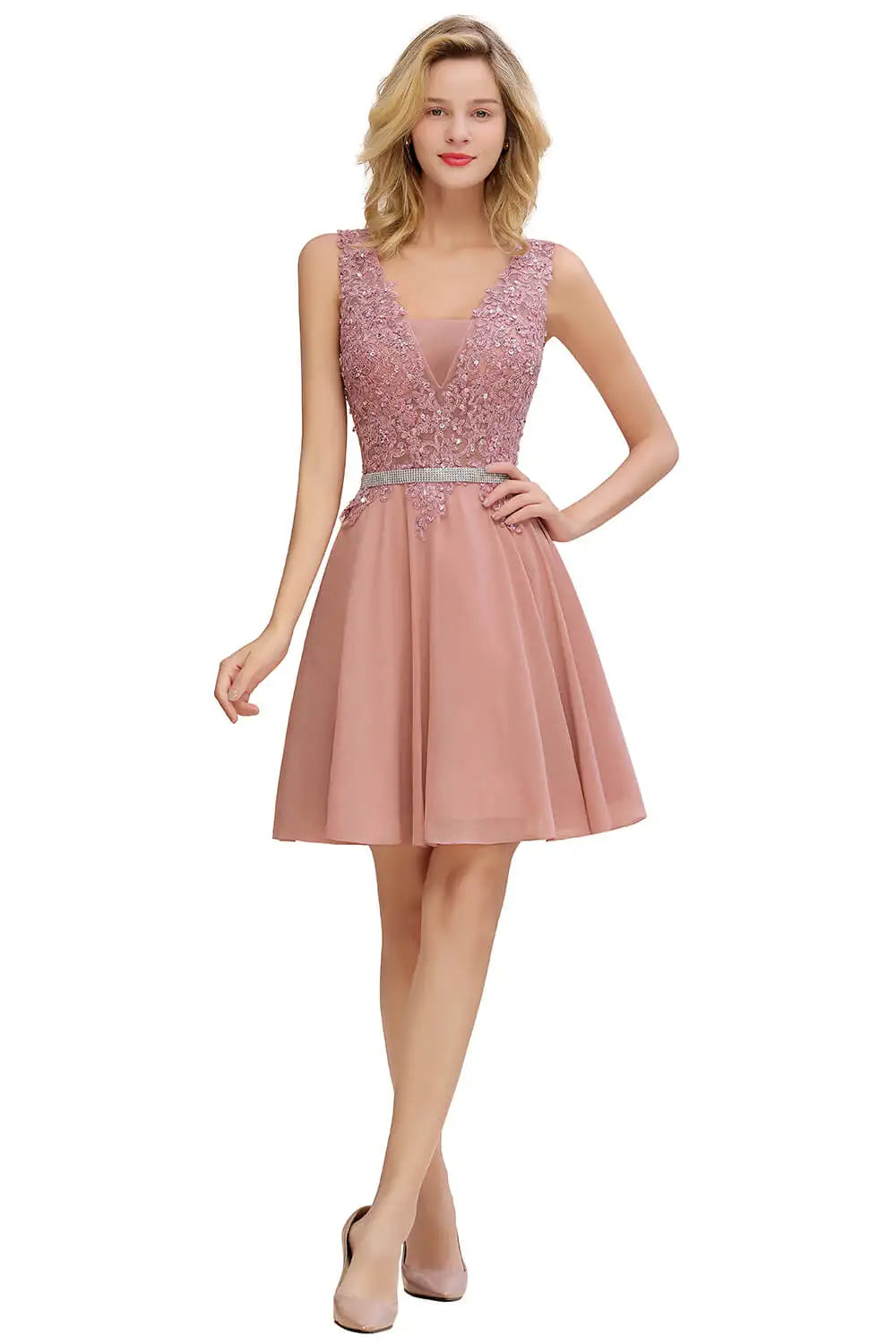 Newest Dusty Pink Sequins Lace Cocktail Dresses With Sashes Sexy V neck A Line Chiffon Short Party Gowns For Prom Evening 2025