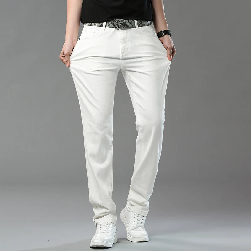 2025 Autumn Men's Elastic Colorful Jeans Breathable Casual  Straight Fitted Solid Color Denim Pants Korean Fashion Trousers