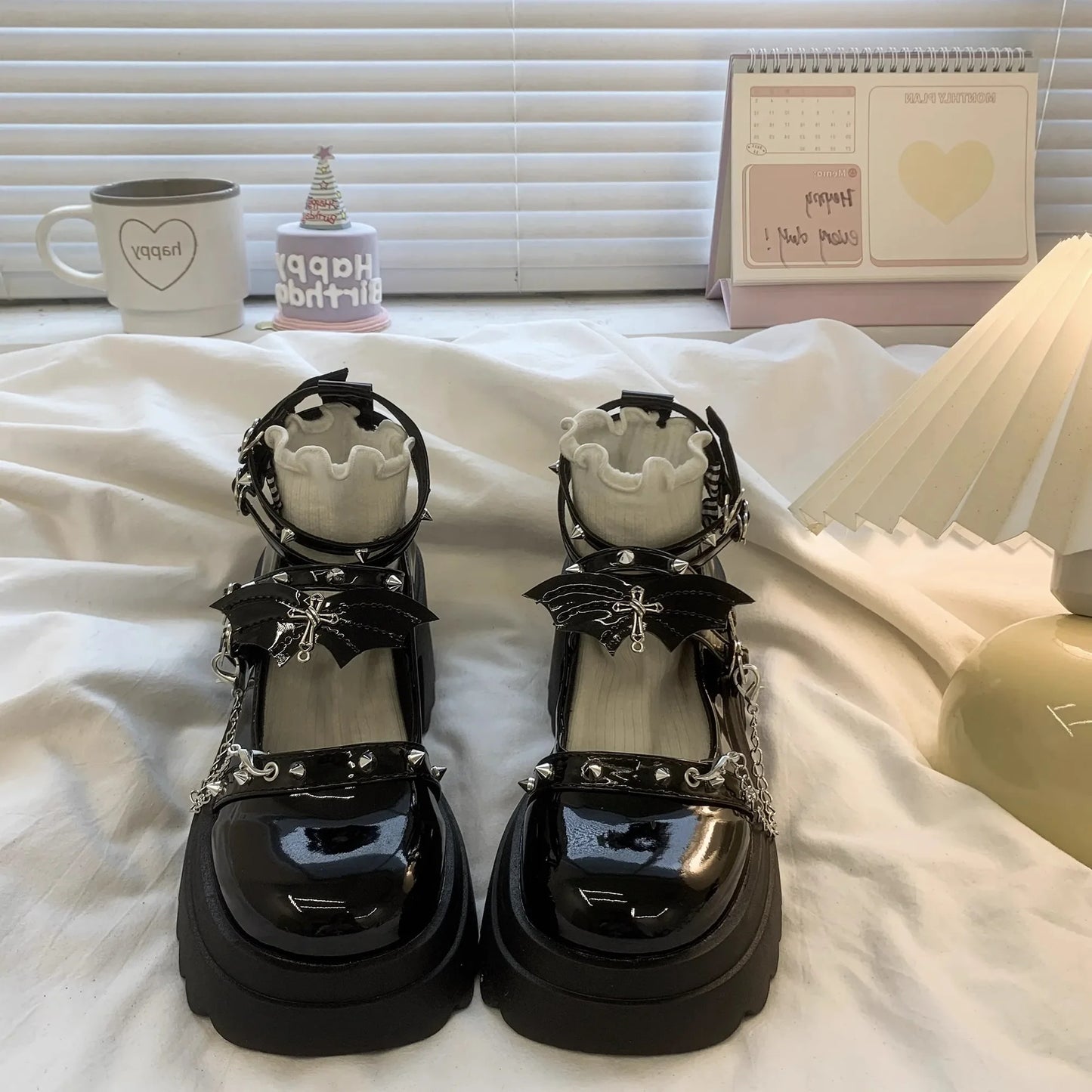 Punk k JK orm Mary Janes High Heels Thi Bot Small Leather oes Women's Lolita Faion Single oes Korean Sle