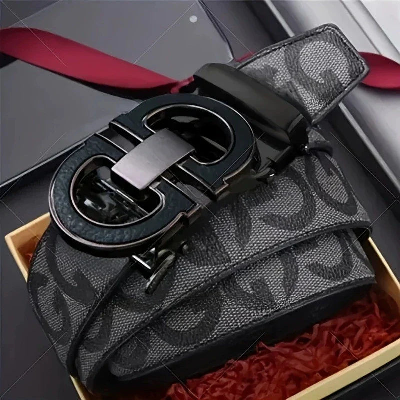 Men's Sleek Automatic Buckle Belt - Genuine FauxwithTextured Square Pattern, Black, Simple & Stylish DesignforCasual Attire