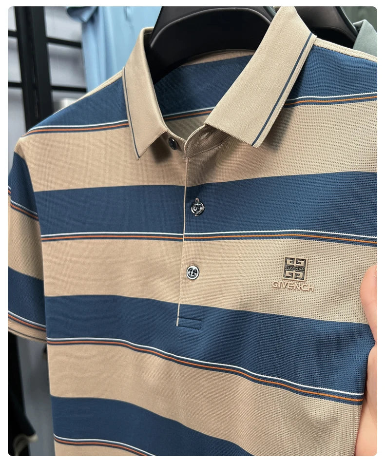 Light luxury striped color blocked short sleeve polo shirt brand symbol emboss high-end casual summer silky smooth men's T-shirt