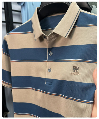 Light luxury striped color blocked short sleeve polo shirt brand symbol emboss high-end casual summer silky smooth men's T-shirt