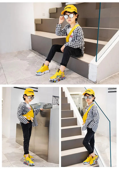 Size 26-37 Children Sports Sneakers for Girls Kid Cartoon Graffiti Pattern Casual Shoes Boys Basketball Shoe Chaussures De Sport