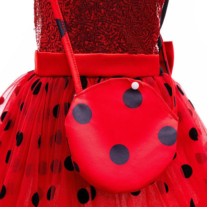 Girl Polka Dot Princess Dress Ladybug Dress Up Fur Ball Headband Black and Red Dress Halloween Cosplay costume Carnival Clothes