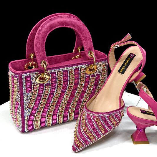 Shiny Italian Fashion Pointed Toe Women Heel Fashion Rhinestone Decoration Fuchsia Color Shoes And Bag Set