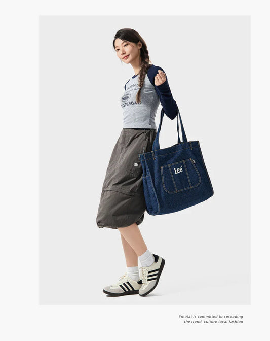 Multiple Pockets Large Capacity Denim Tote Bag Women Trend Commuting Work Shopping Ladies Jeans Handbag Utility Traveling