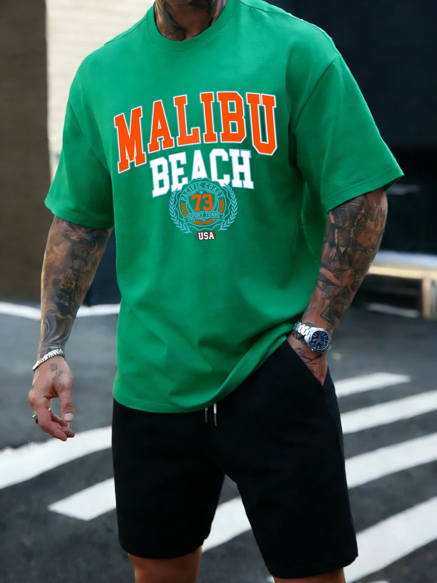 Malibu Beach 73 Usa Printing T-Shirt Mens Cotton T Shirts O-Neck Summer Basics Clothes Casual Trendy All-Match Short Sleeve
