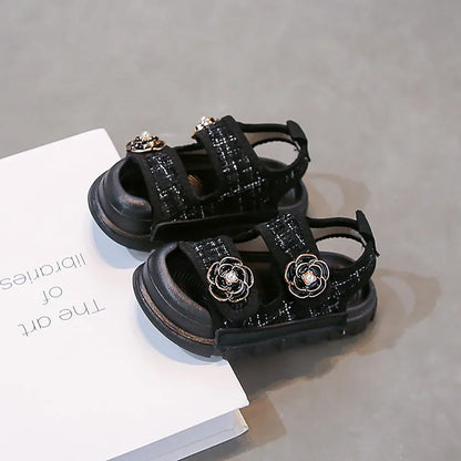 Korean Style Summer Sandals For Girls Luxury Pearl Flower Children's Beach Shoes Ergonomics Soft-soled Kid's Girl's Sandals