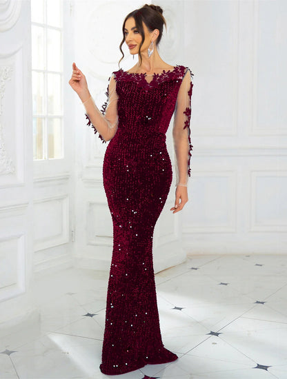 O Neck Long Sleeve With Flowers Sequin Evening Party Dress Elegant Women Sexy Backless Formal Prom Dresses