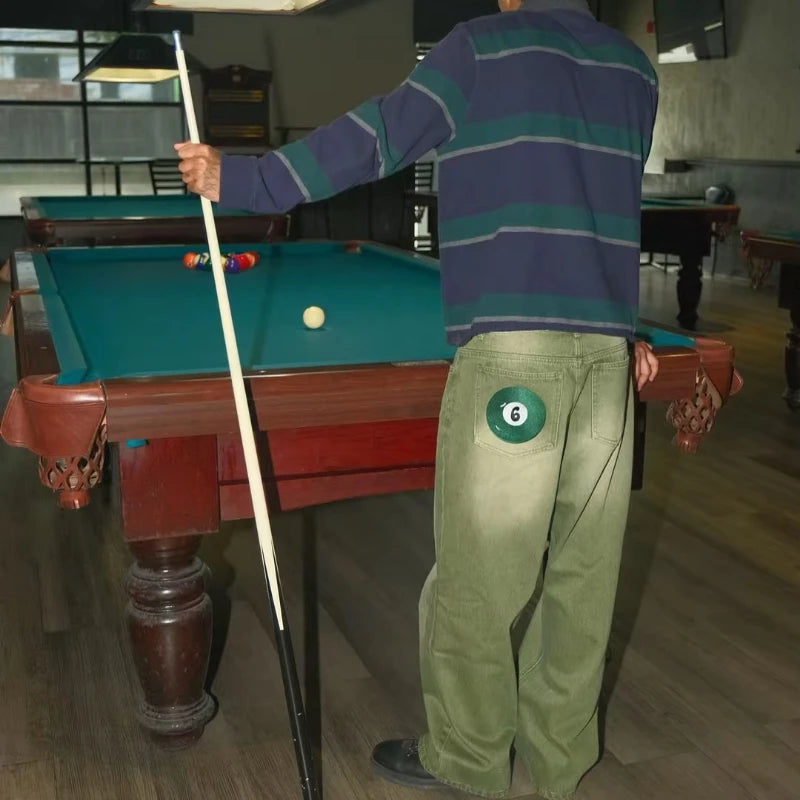Calça Jeans Retrô Y2K Matcha Lavada Borda de Bilhar Calça Jeans Bordada Moda de Londres Estilo de Nova York Streetwear Unissex Jeans Folgado