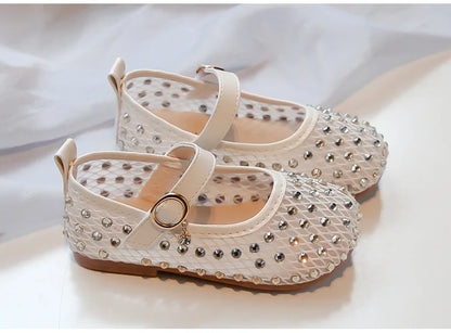 2026Summer Girl's Sandals Crystal Air Mesh Biege Sliver Luxury Kids Flat Shoes Beautiful Party Graceful Anti-skid Childern Shoes
