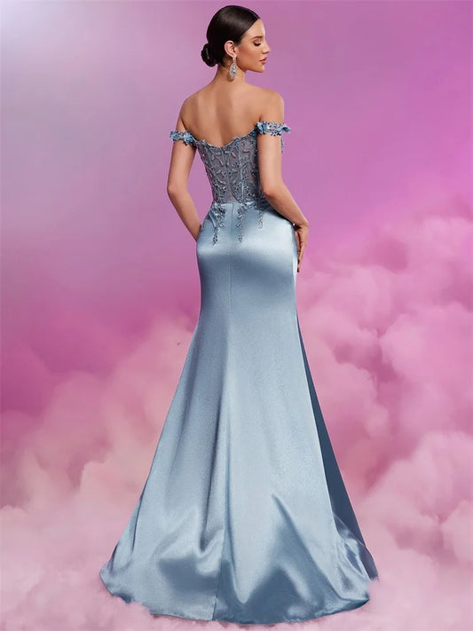 Luxury Blue Mermaid Satin Evening Dresses 2025 Women Sleeveless V Neck Tulle Slit Long Prom Party Gown vestidos