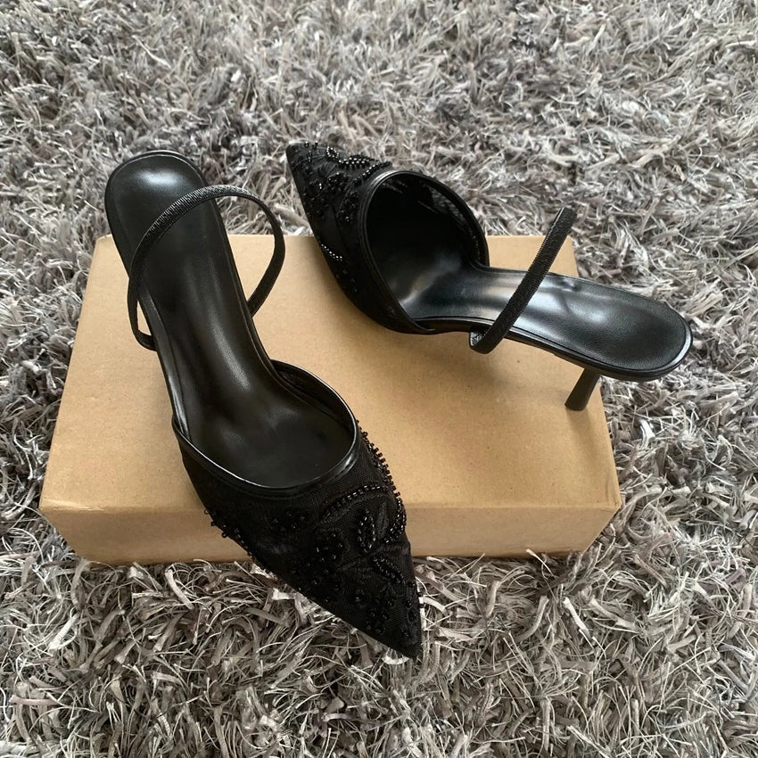 Black Embroidered Mesh Slingback High Heels Sandals for Women Designer Shoes Woman Elegant Style Wedding Party Pumps