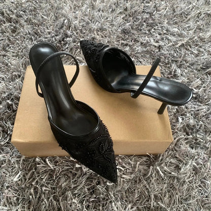 Black Embroidered Mesh Slingback High Heels Sandals for Women Designer Shoes Woman Elegant Style Wedding Party Pumps