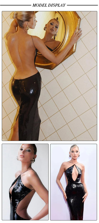 Women'S Gold Sequins Luxury Party Gown Sexy Backless  Long Dress For Wedding Banquet Party Female Clothing