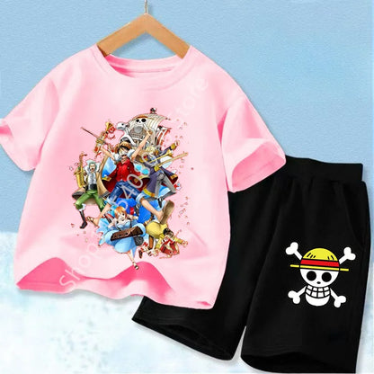 Summer Short Sleeve Clothes Set Anime Boy Girl T Shirt Shorts 2pcs One Piece Kids Outfit Chopper Luffy Tracksuit Suit Children