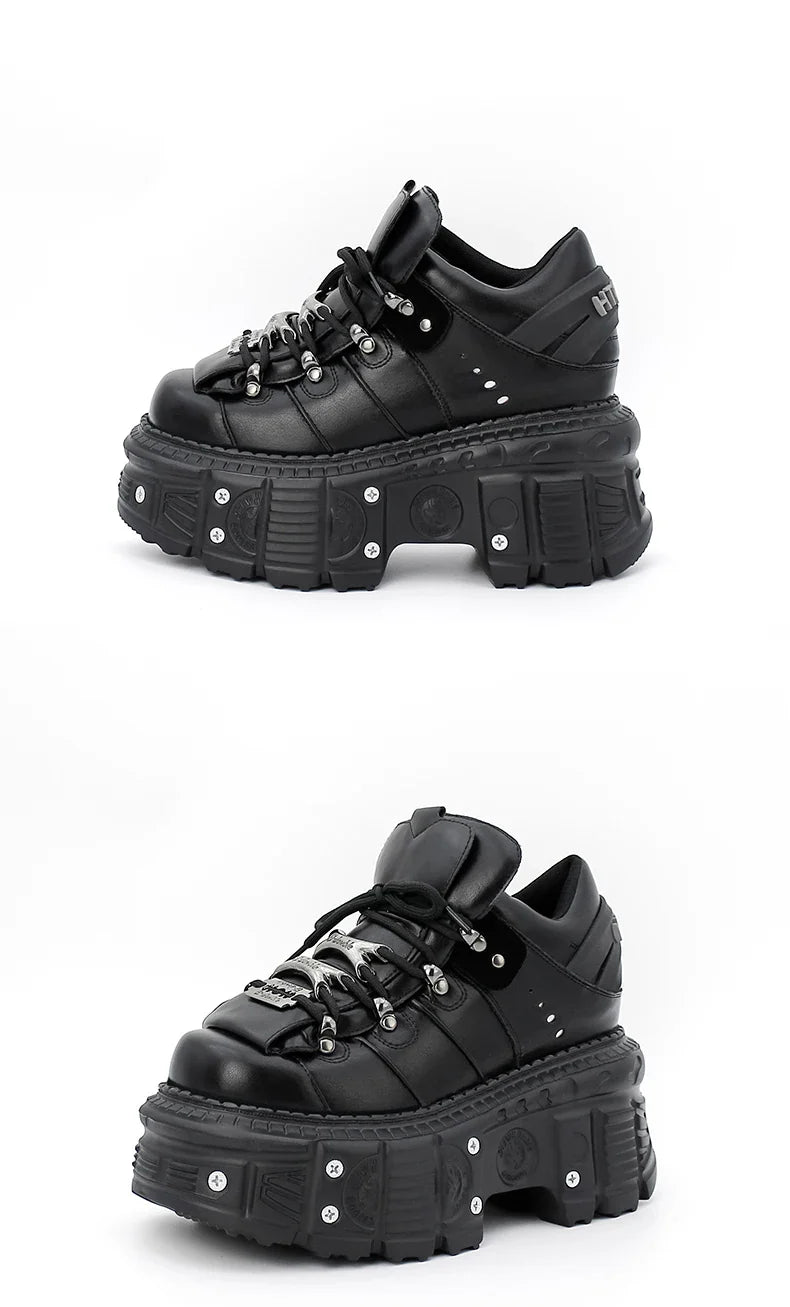 2026 New Punk Style Women Shoes Lace-up Heel Height 6CM Platform Shoes Woman Gothic Ankle Rock Boots Metal Decor Woman Sneakers