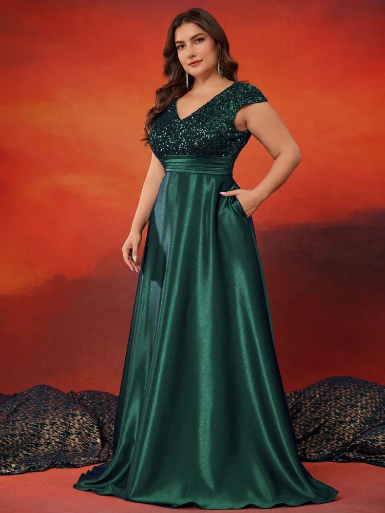 Plus Size Elegant V-Neck Red Sequins Evening Dress Long Luxury Women Satin Sleevesless Party Prom Cocktail Gowns