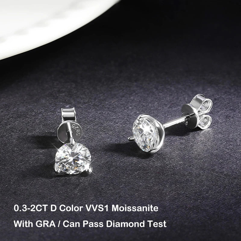 925 Sterling Silver 3 Prong Moissanite Stud Earrings 1ct D VVS1 Diamond with GRA for Women Wedding Party Fine Jewelry Gift