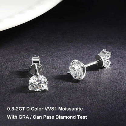 925 Sterling Silver 3 Prong Moissanite Stud Earrings 1ct D VVS1 Diamond with GRA for Women Wedding Party Fine Jewelry Gift